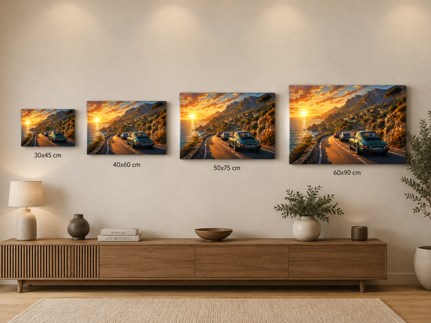 Golden Coast Run canvas size comparison in 30x45 40x60 50x75 and 60x90 cm