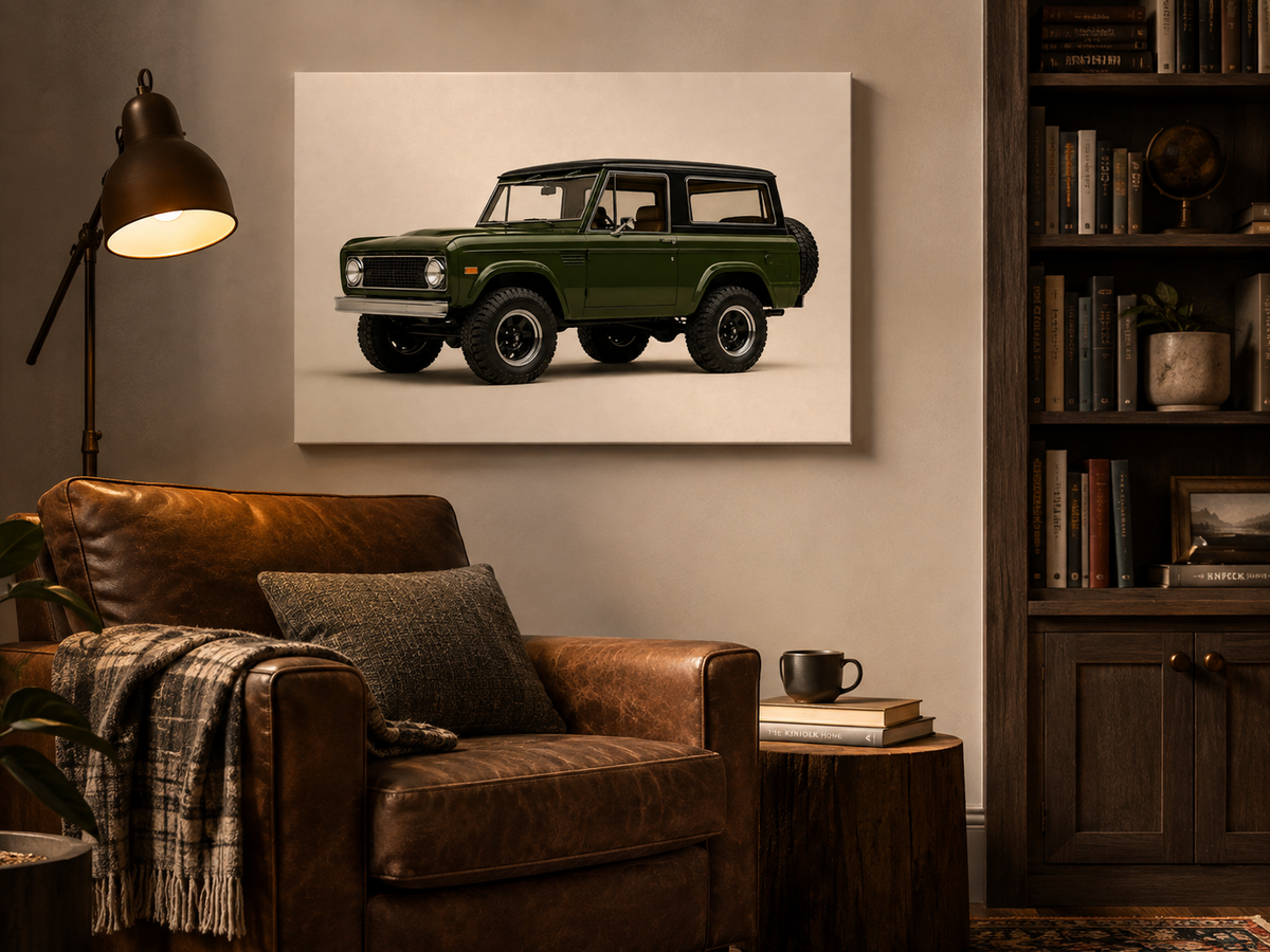 Olive Trail olive green off road canvas displayed in a cosy leather reading corner