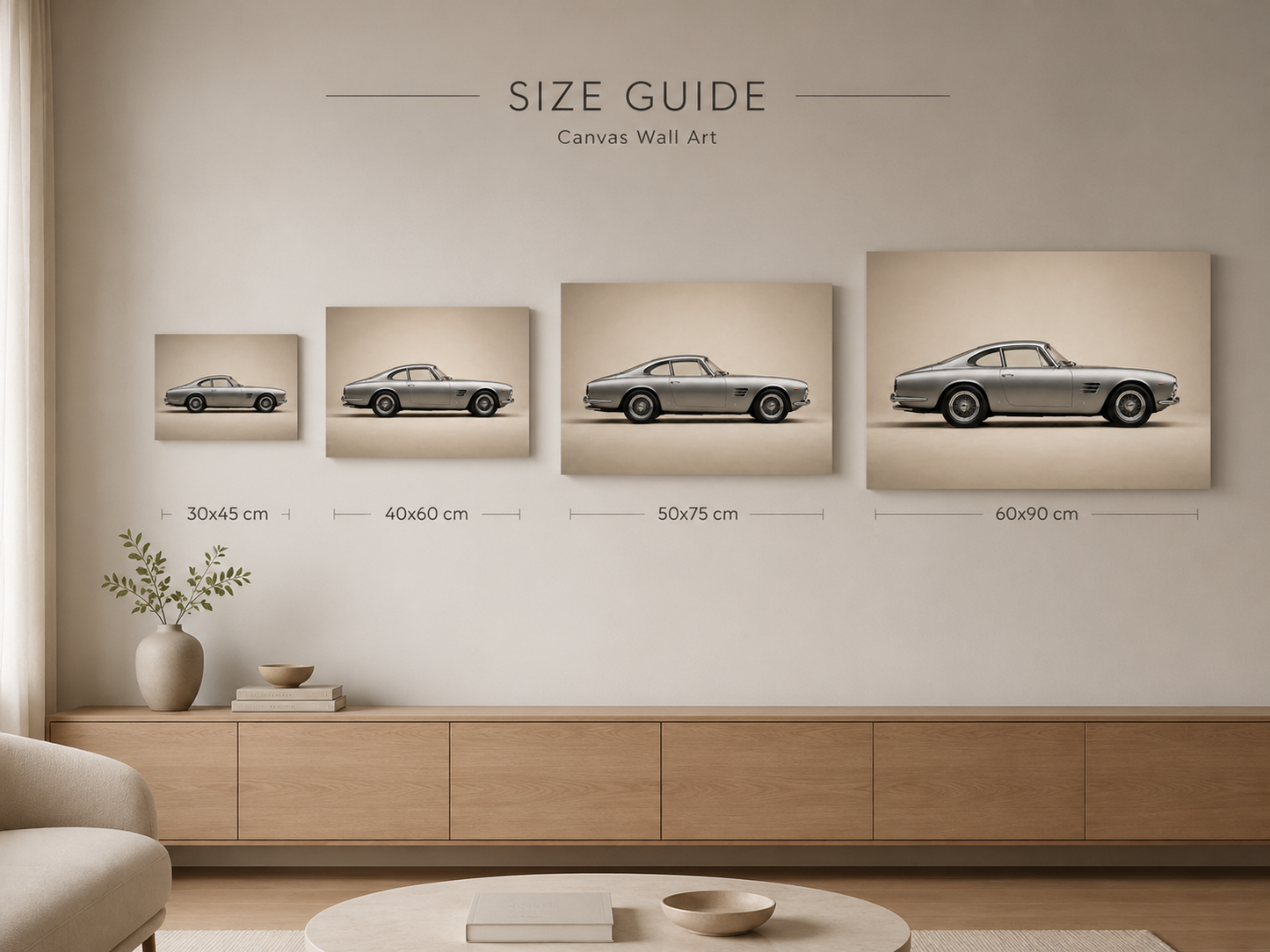 Silverline Profile canvas size comparison from 30 × 45 to 60 × 90 cm