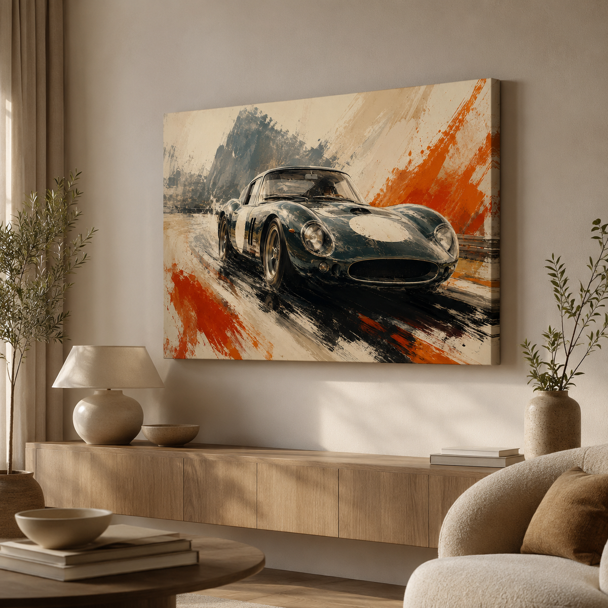 Colorful classic car wall art displayed in a contemporary interior