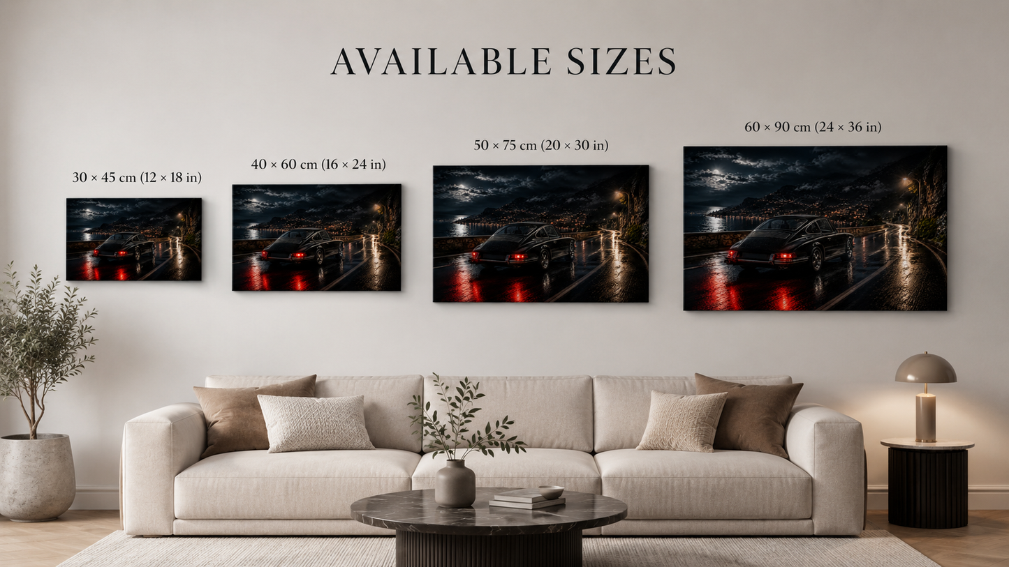 Midnight Pursuit canvas size comparison from 30 × 45 to 60 × 90 cm