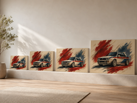 Rally Legacy canvas size comparison showing four available horizontal automotive wall art sizes