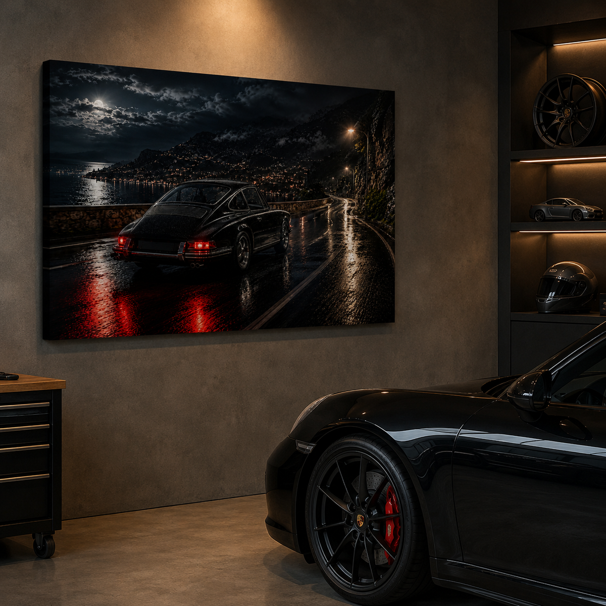 Classic car night drive canvas displayed in a modern luxury garage