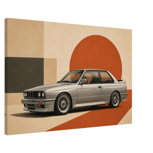 Silver Apex silver retro performance coupe canvas with burnt orange beige and charcoal geometric background
