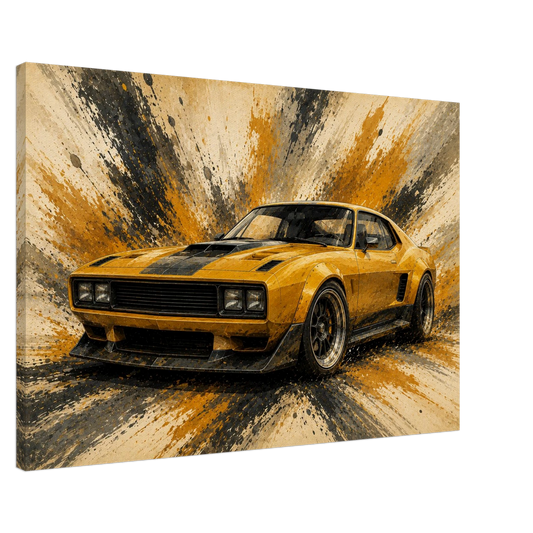 Mustard Motion illustrated classic muscle car canvas wall art on white background