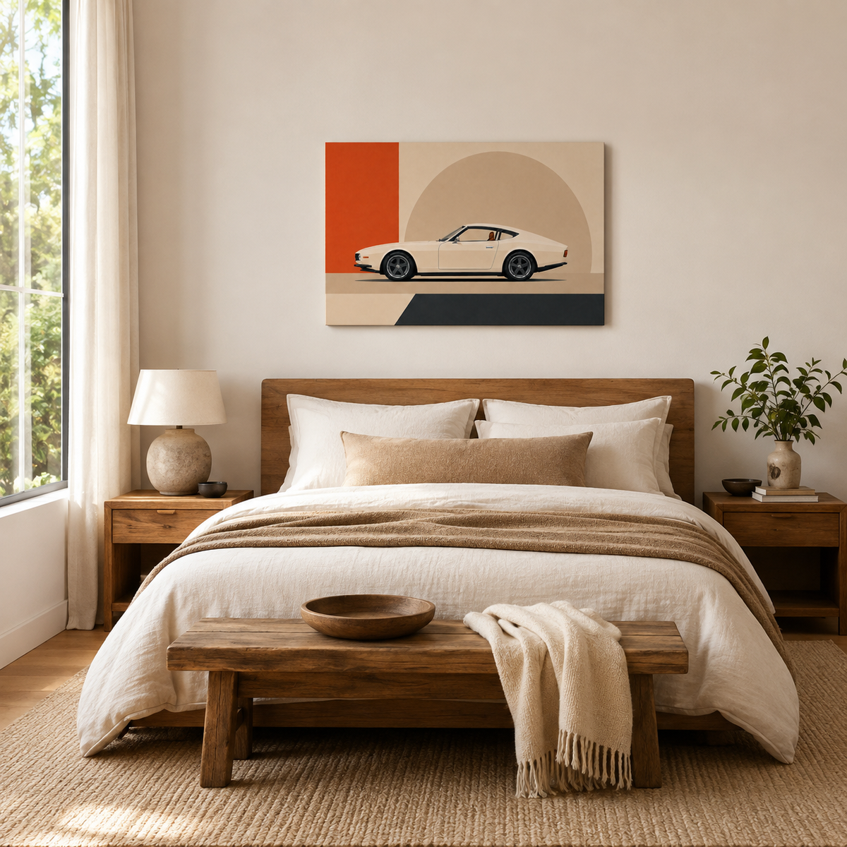Sculpted Motion retro geometric sports car canvas displayed in a calm neutral bedroom