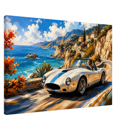 Side view of Azure Coast illustrated roadster canvas showing gallery wrapped depth