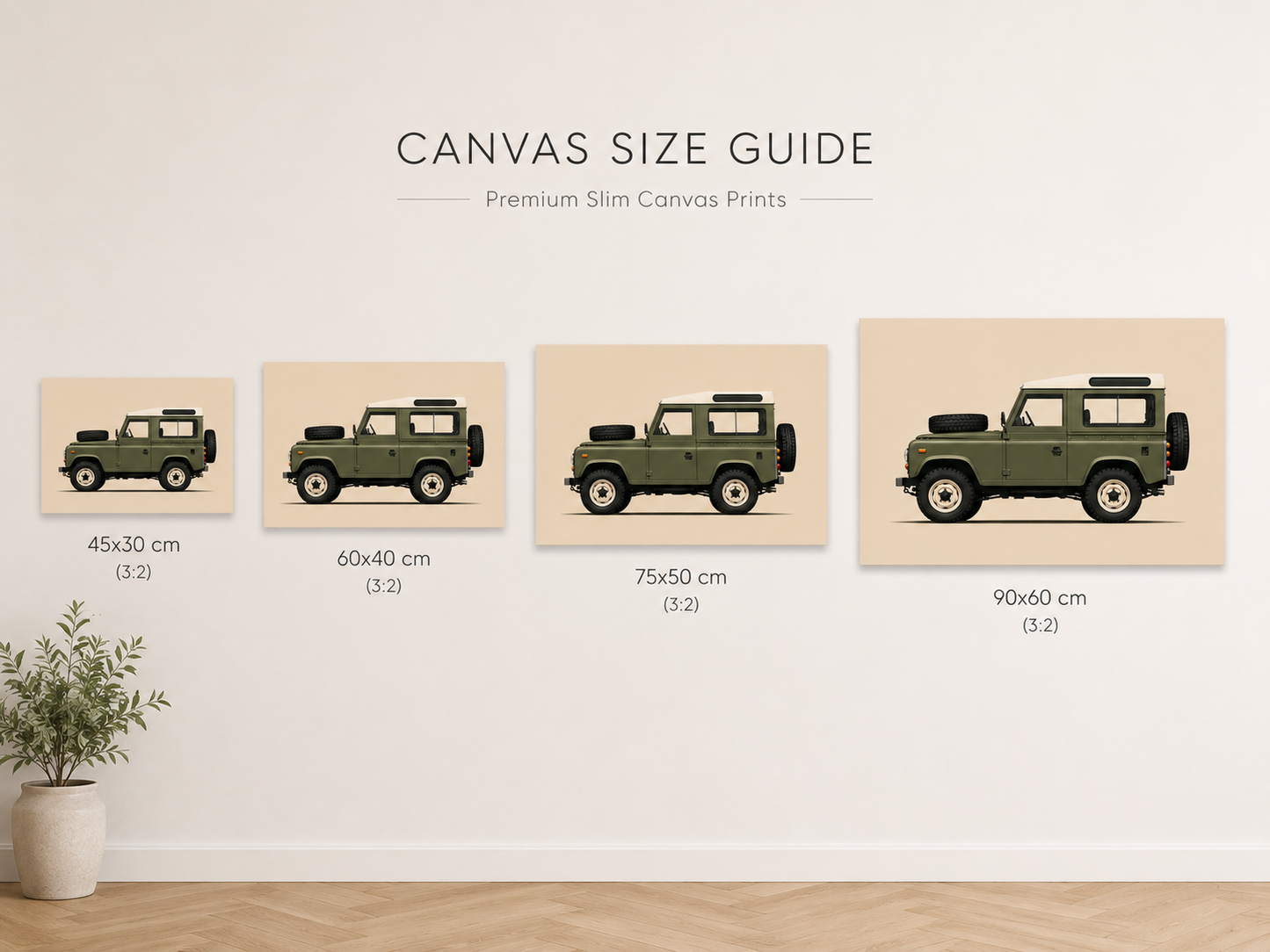 Olive Expedition canvas size guide showing 30x45 40x60 50x75 and 60x90 cm wall art sizes