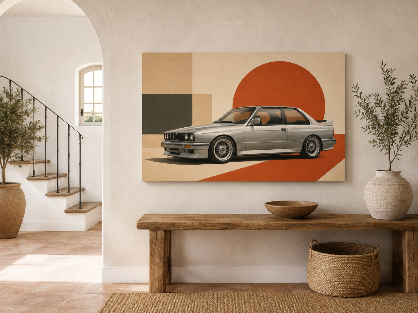 Silver Apex automotive geometric canvas above a rustic console in a bright Mediterranean entryway