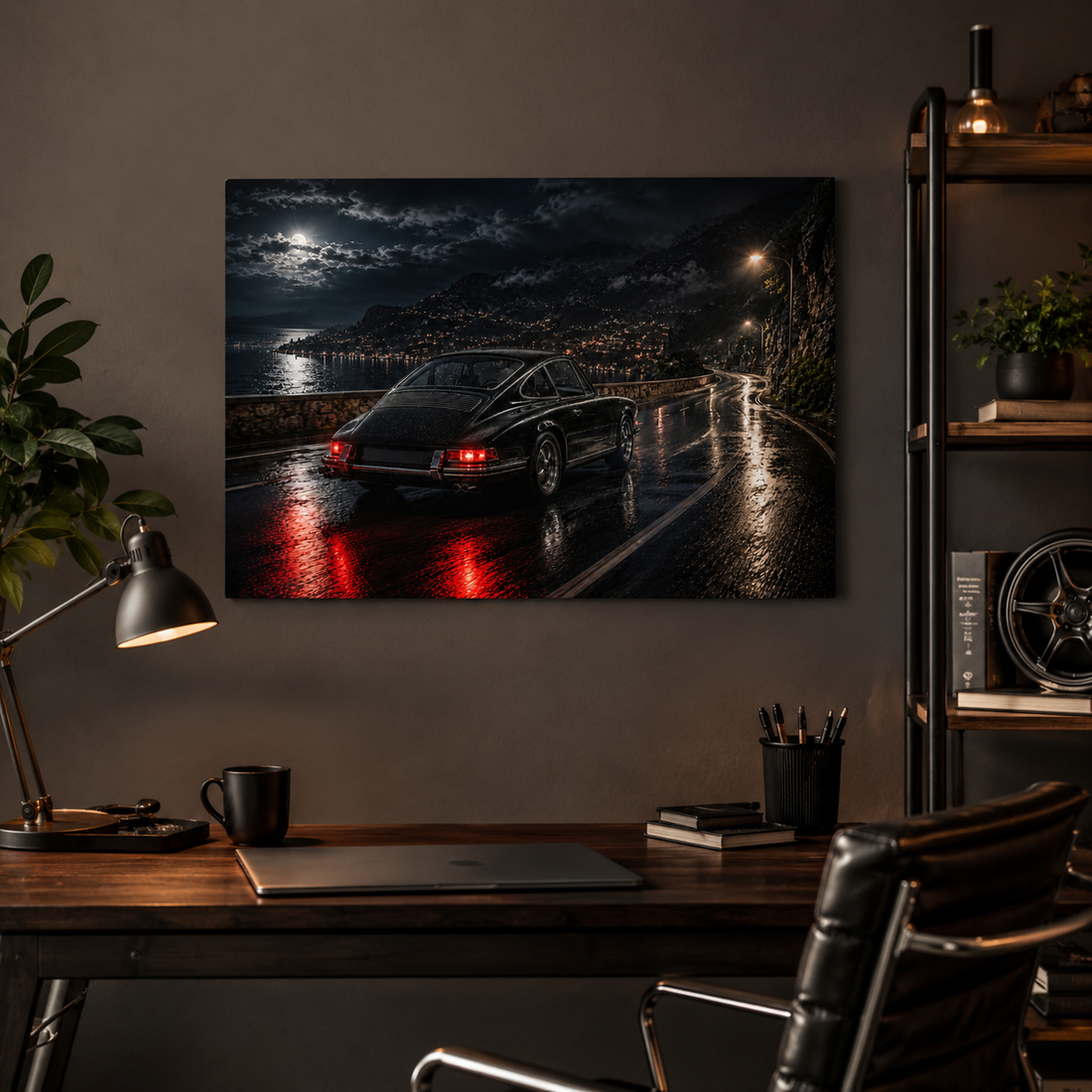 Midnight Pursuit canvas in a dark home office setting