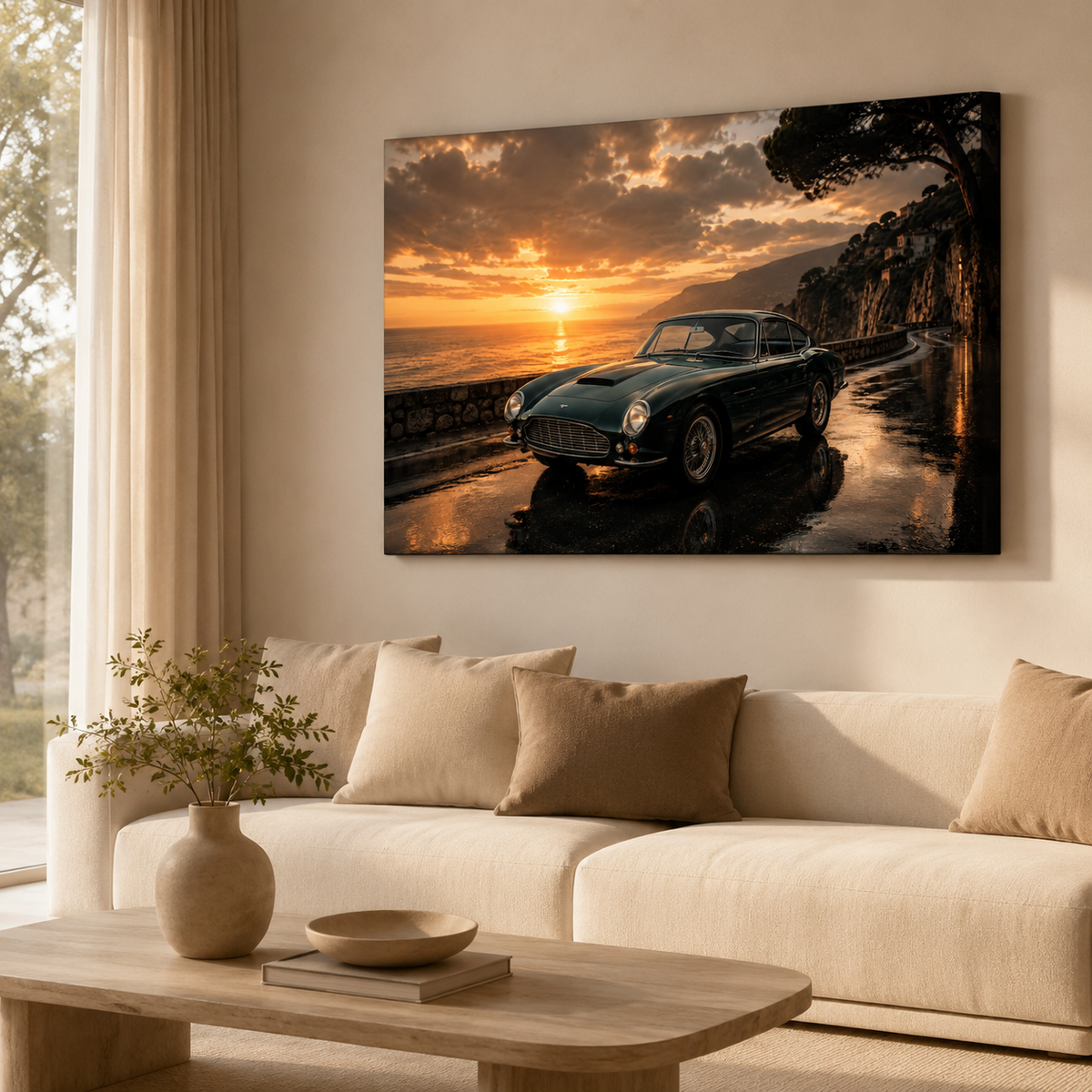Living room automotive wall art collection featuring premium Roadelier canvas prints