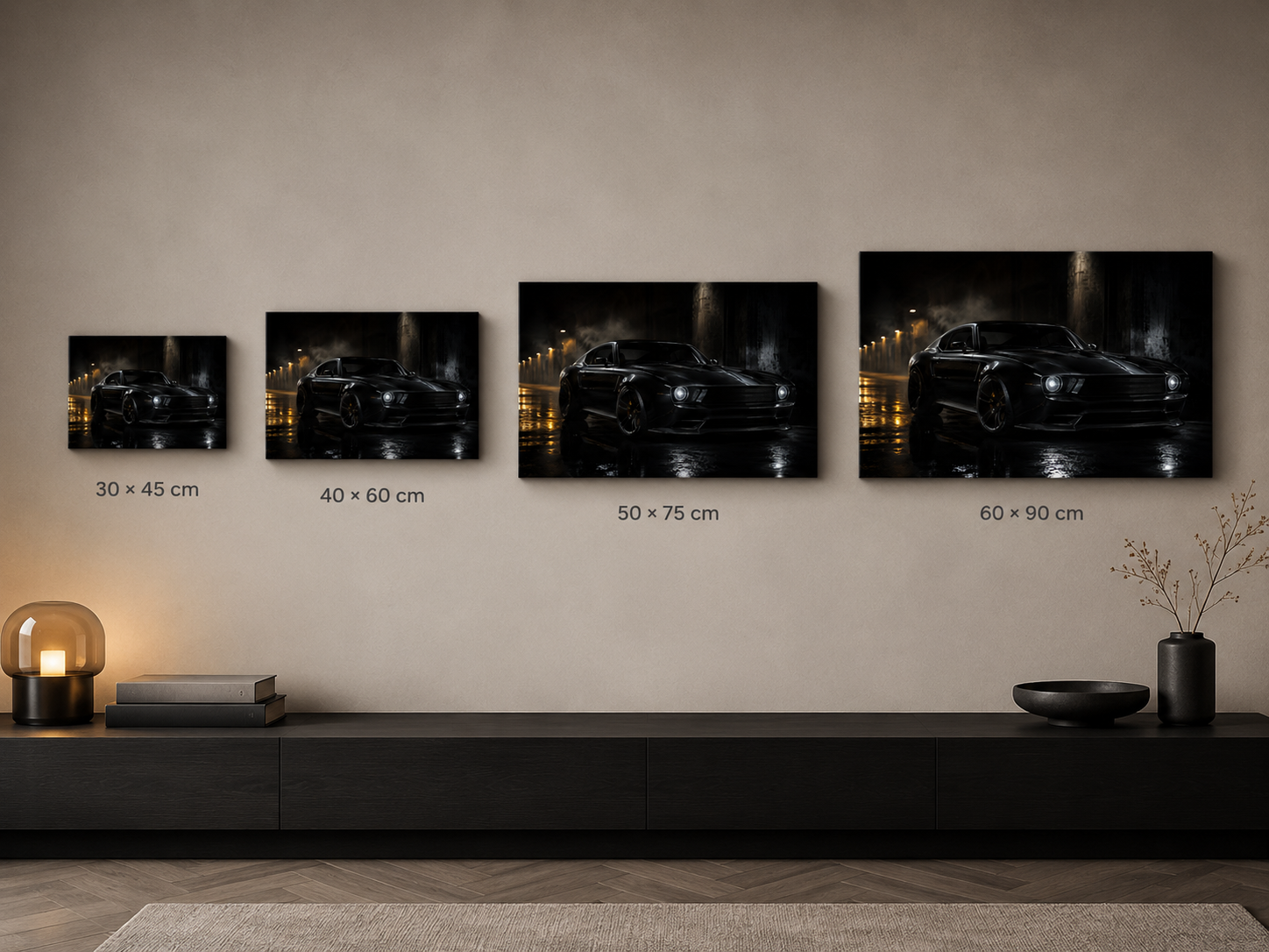 Midnight Dominion canvas size comparison in 30x45 40x60 50x75 and 60x90 cm