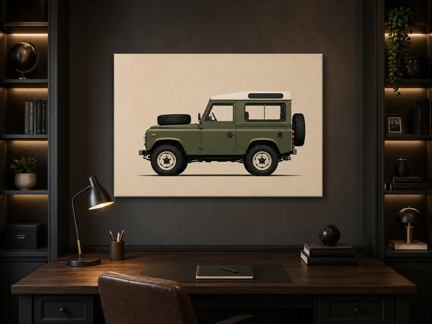 Olive Expedition classic 4x4 canvas wall art displayed in a dark executive office