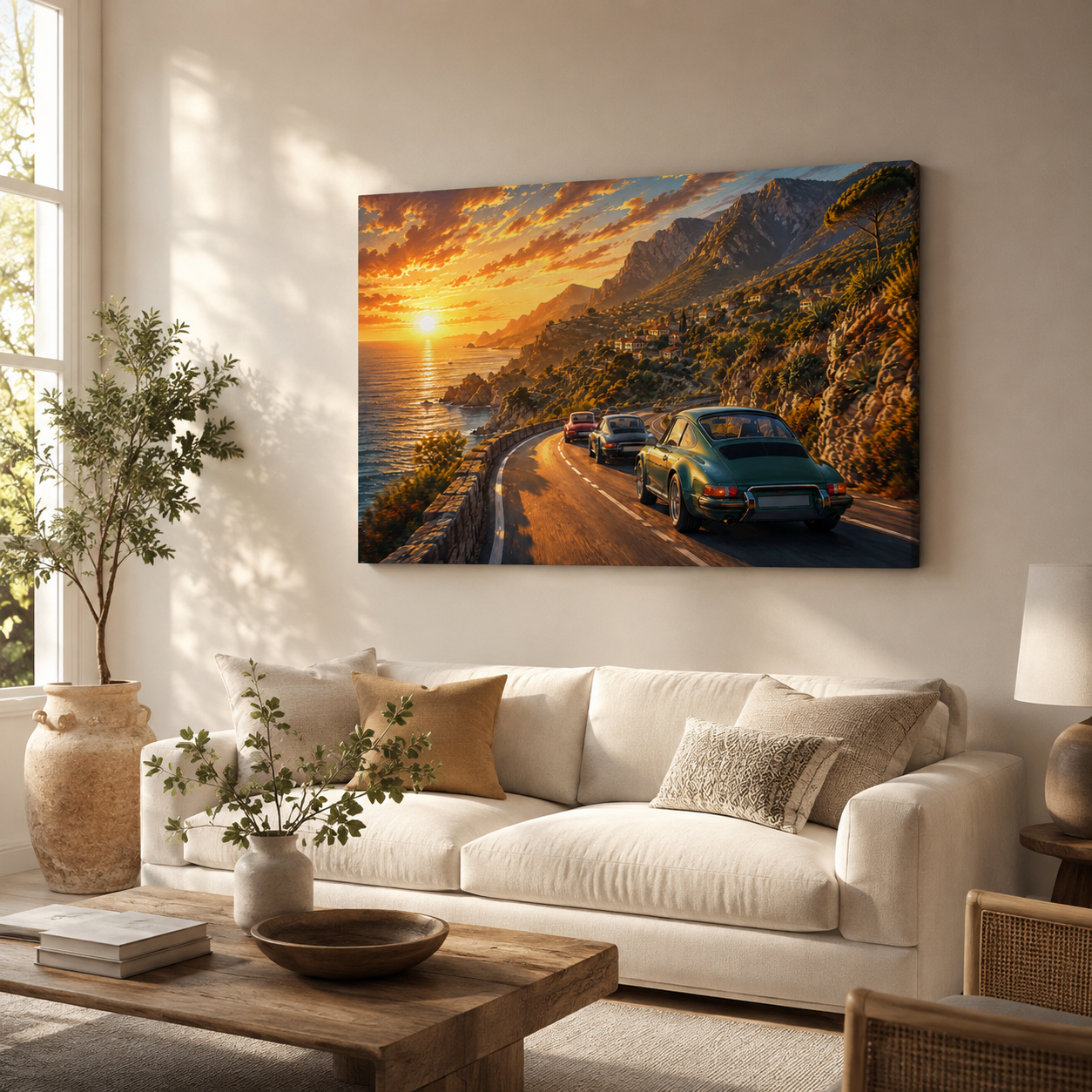 Golden Coast Run colourful classic car canvas displayed in a warm neutral living room