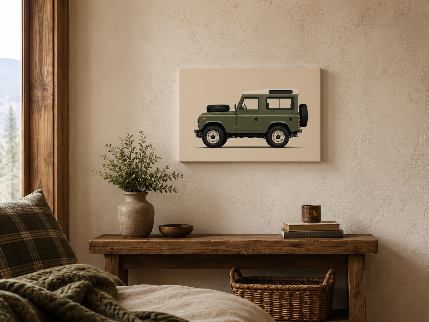 Minimalist vintage 4x4 canvas wall art displayed above a rustic console in a warm bedroom interior
