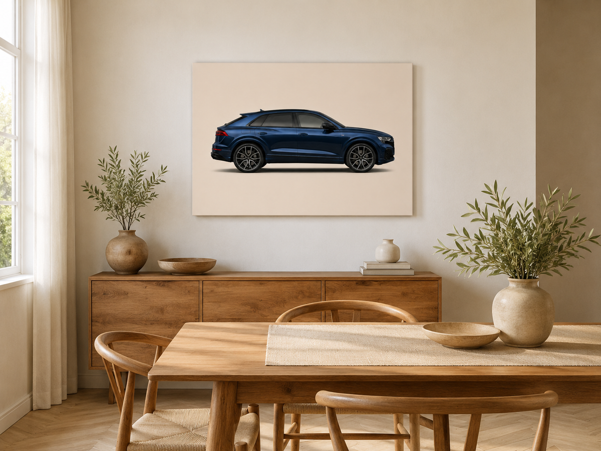 Midnight Q8 minimalist SUV canvas above a wooden sideboard in a bright dining room
