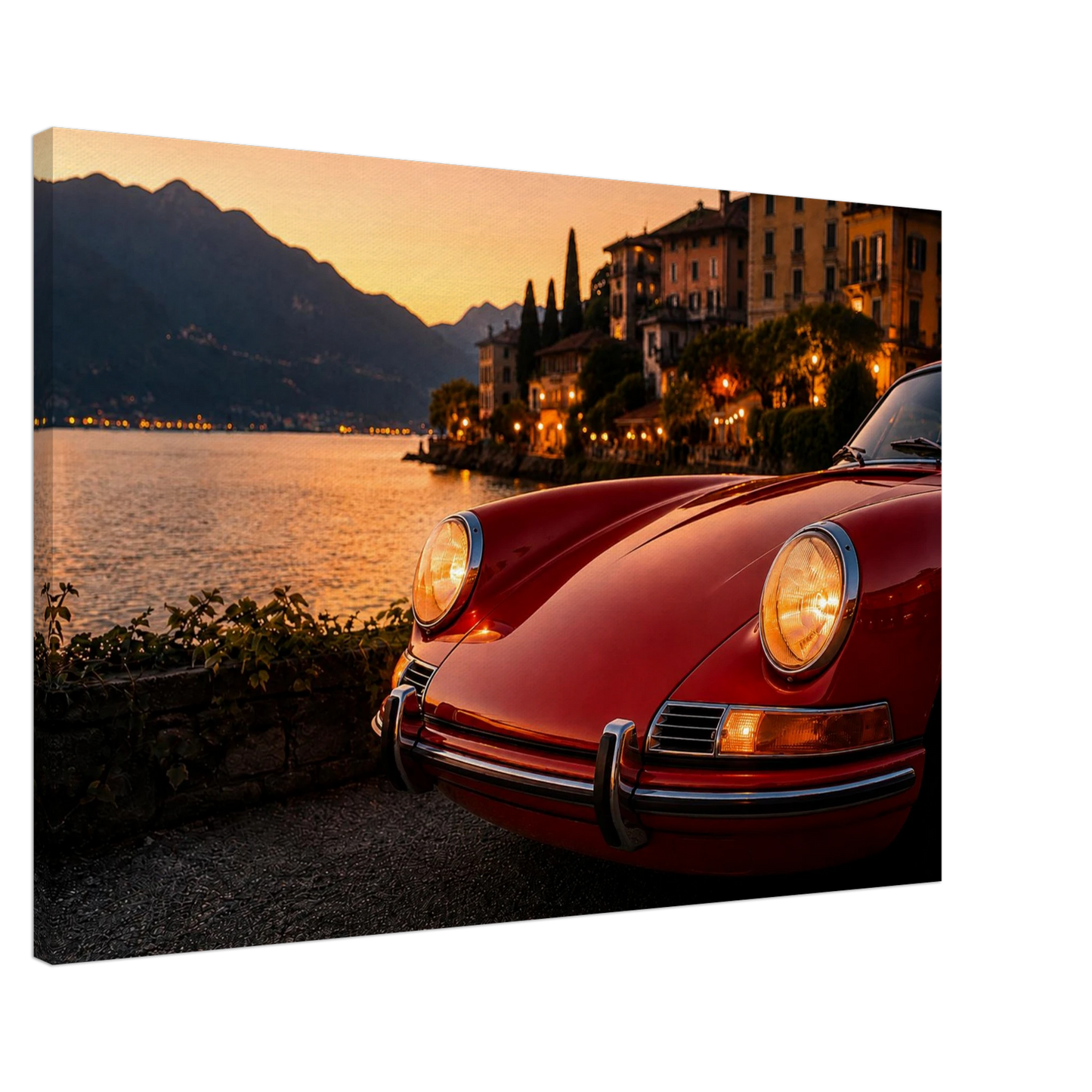 Crimson Riviera cinematic red classic car lakeside canvas print close-up