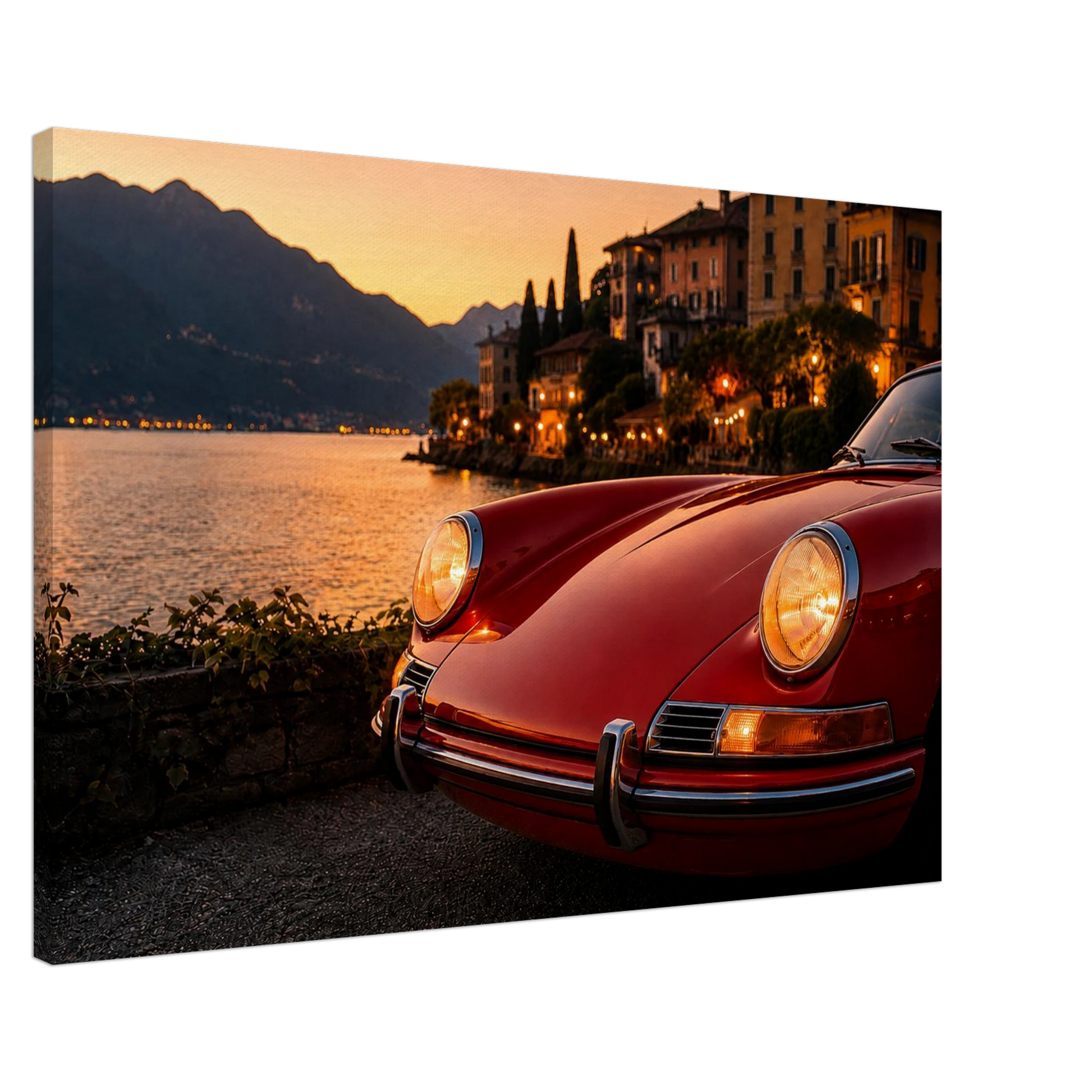 Crimson Riviera cinematic red classic car lakeside canvas print close-up
