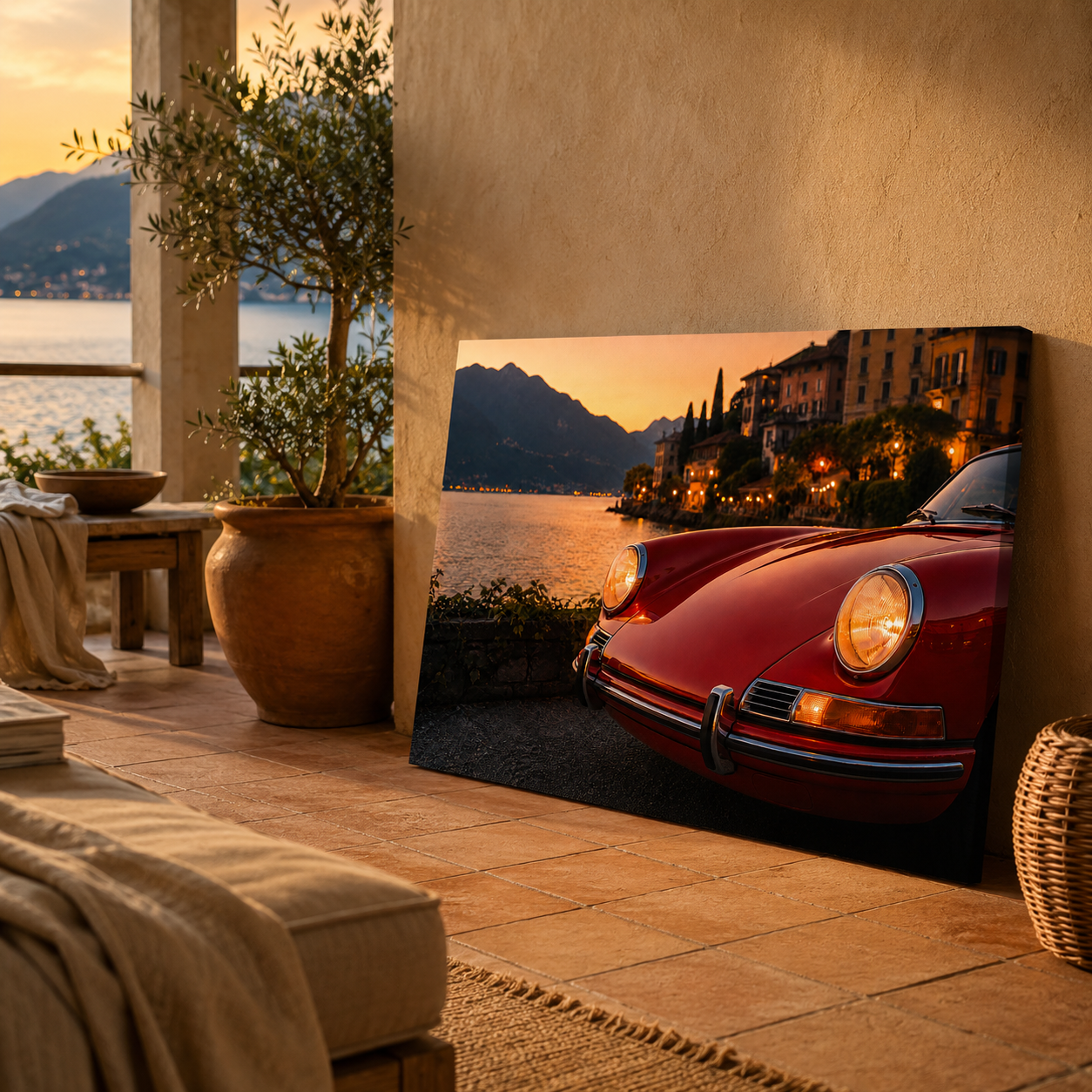 Red classic sports car canvas leaning in a Mediterranean lakeside interior at golden hour