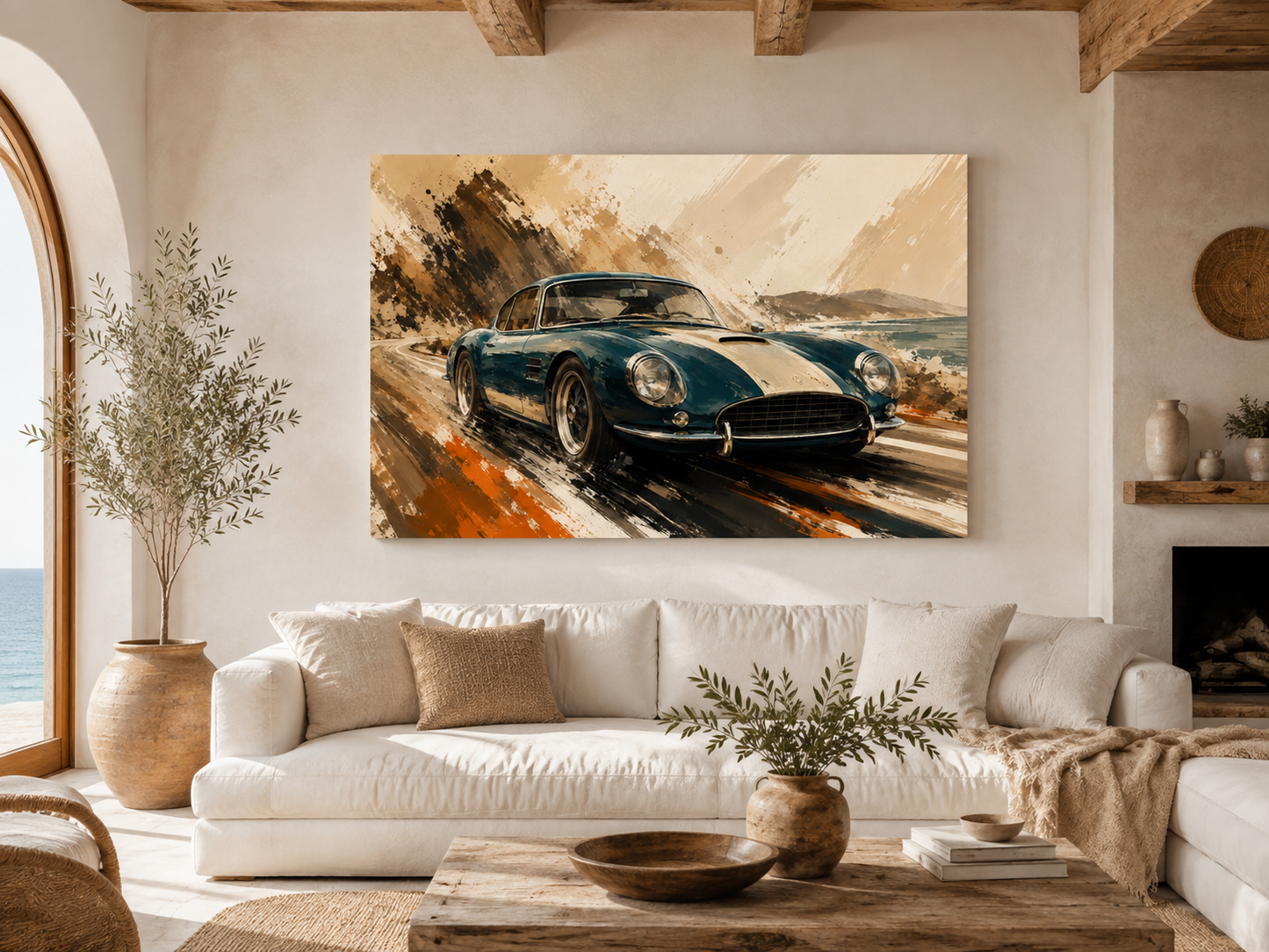Azure Escape illustrated automotive canvas displayed above a neutral living room sofa