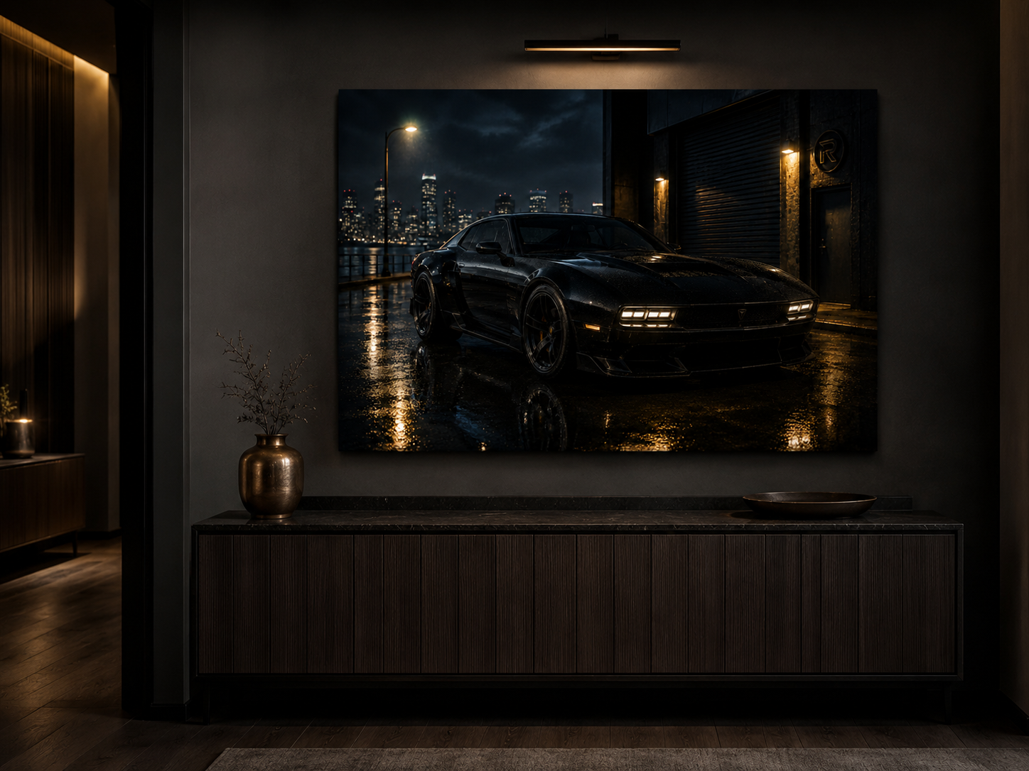 Nightfall Circuit black sports car wall art displayed in a modern dark entryway