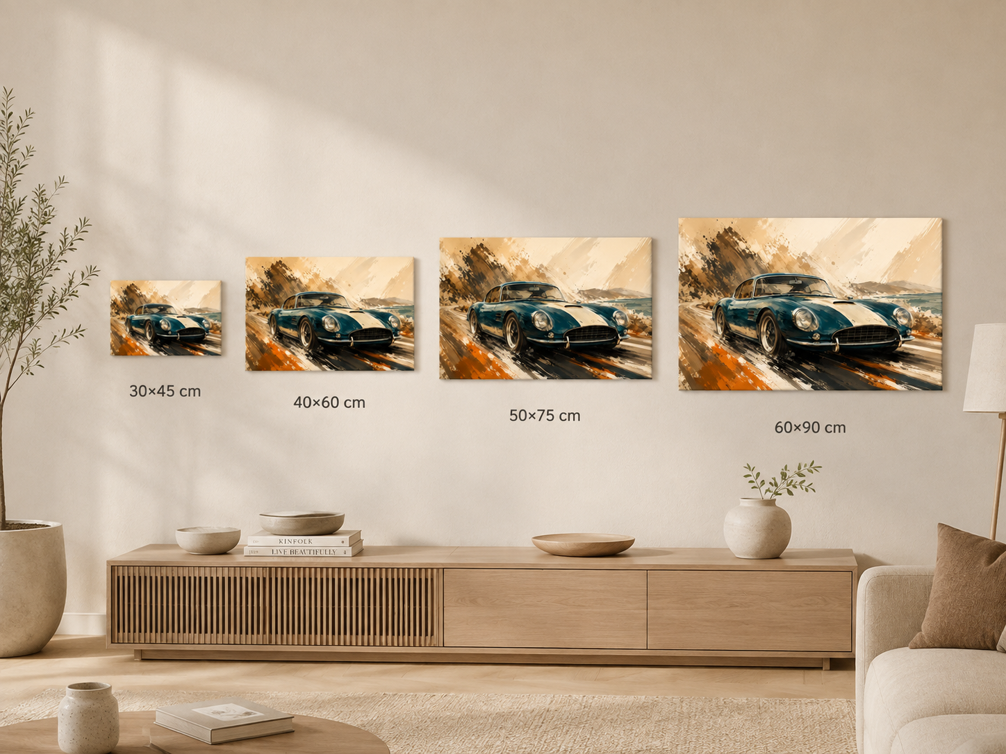 Azure Escape canvas size comparison in 30x45 40x60 50x75 and 60x90 cm