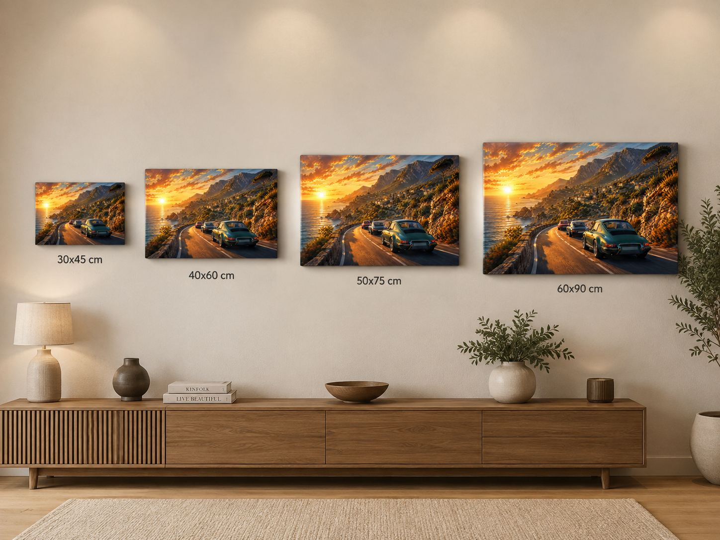 Golden Coast Run canvas size comparison in 30x45 40x60 50x75 and 60x90 cm