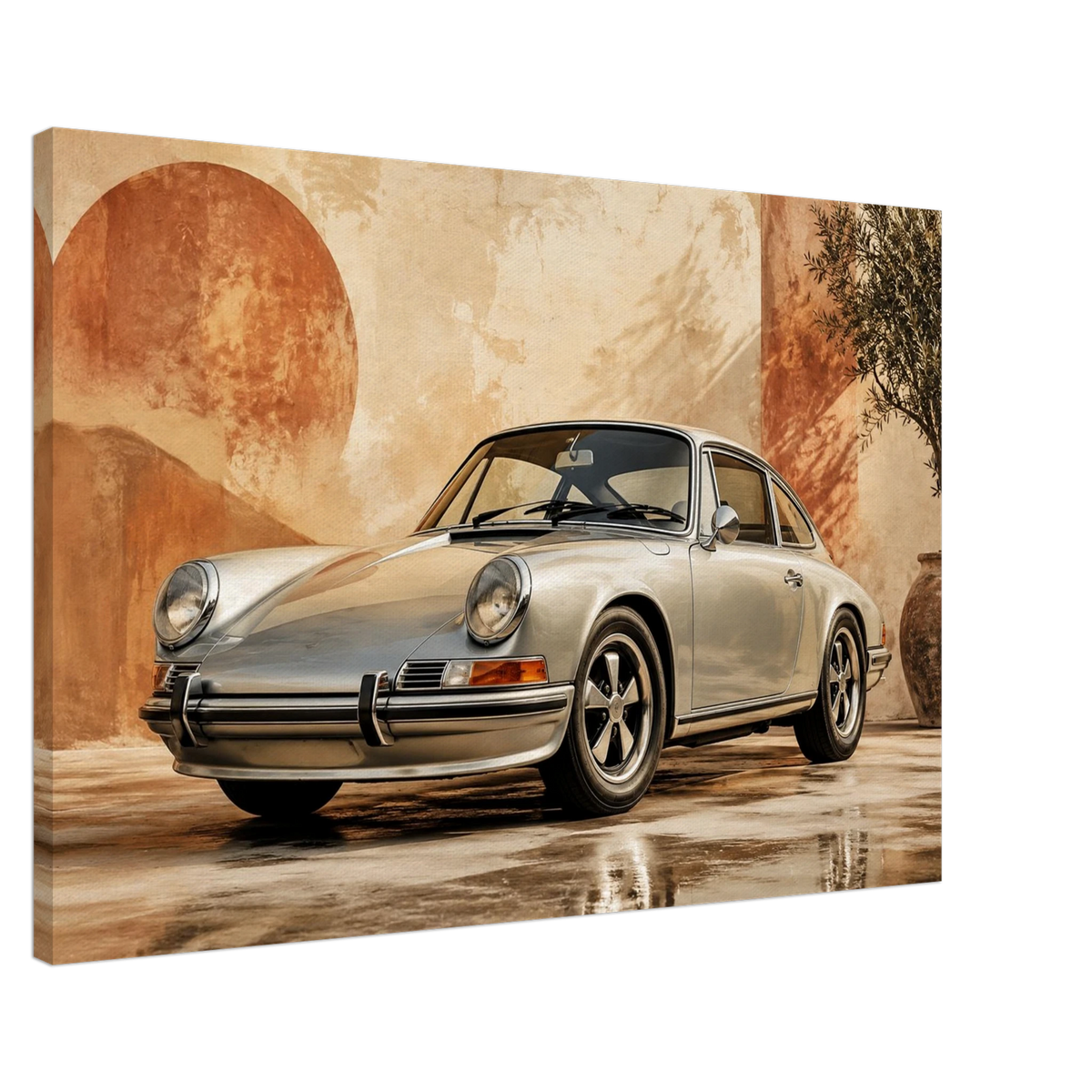 Terracotta 911 classic silver sports car canvas wall art on a textured terracotta background