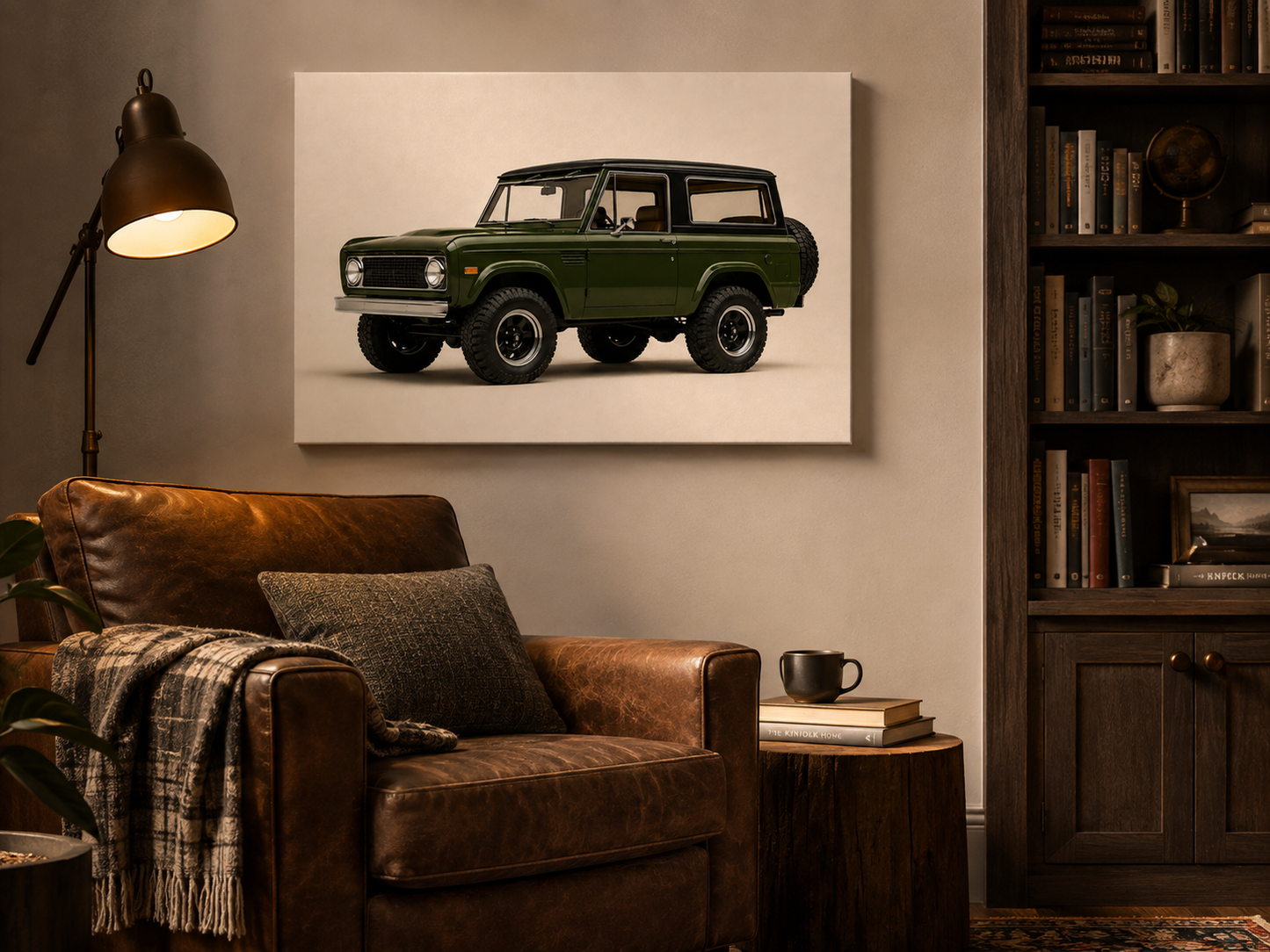 Olive Trail olive green off road canvas displayed in a cosy leather reading corner