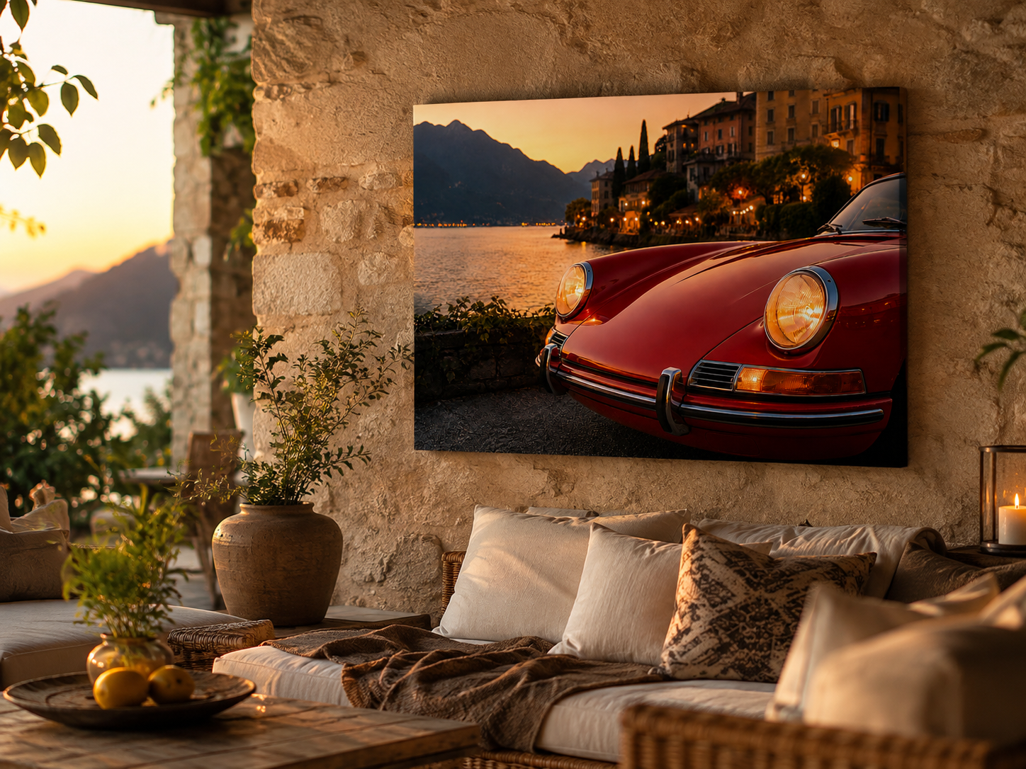 Crimson Riviera cinematic automotive canvas displayed in a rustic stone Mediterranean living room
