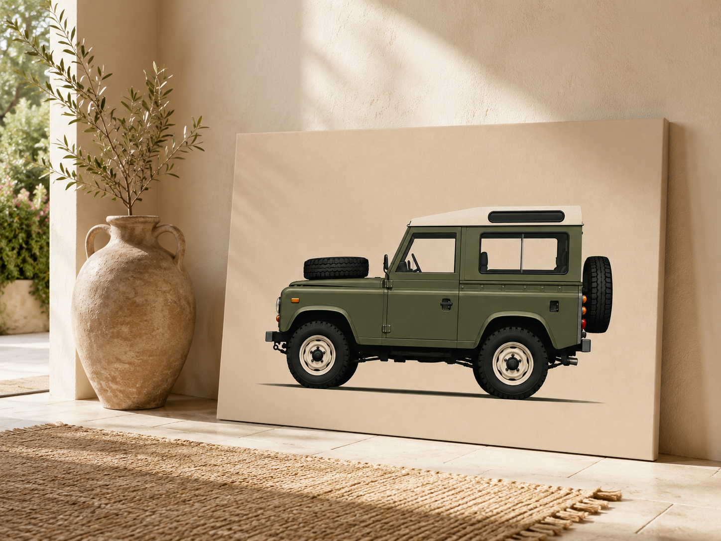 Olive Expedition olive green vintage 4x4 canvas leaning on the floor in a warm Mediterranean interior