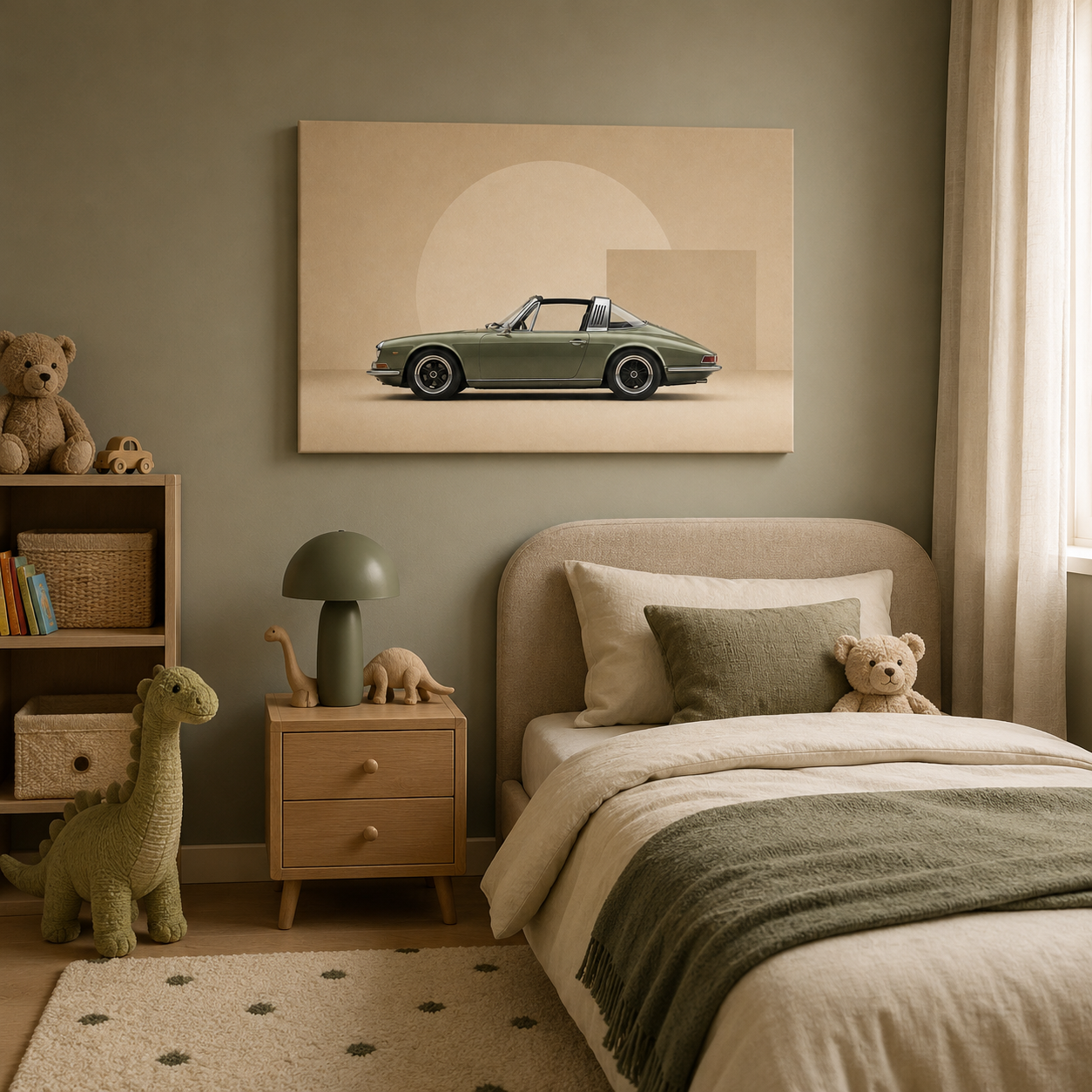 Olive Arc targa car canvas displayed in a sophisticated children’s bedroom