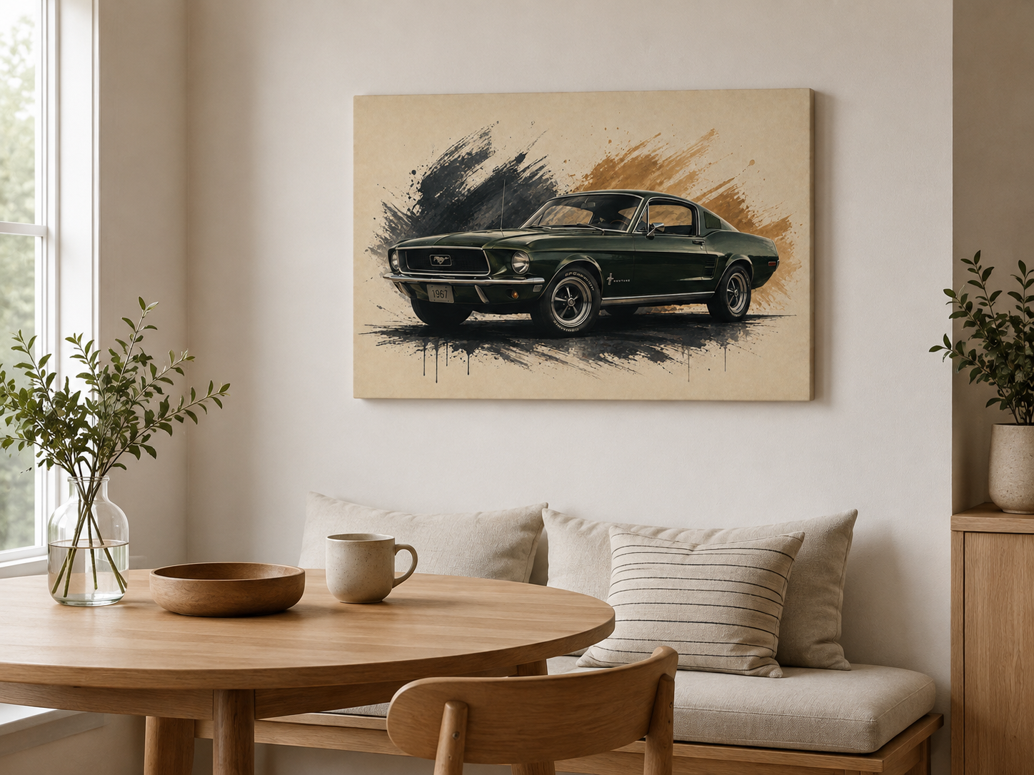 Hunter Fastback illustrated muscle car canvas in a warm dining nook with natural wood furniture