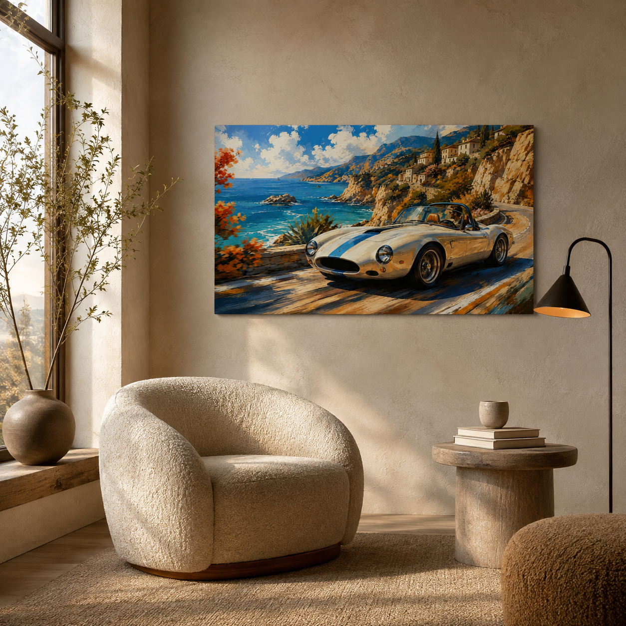 Azure Coast coastal car wall art displayed in a sculptural reading nook