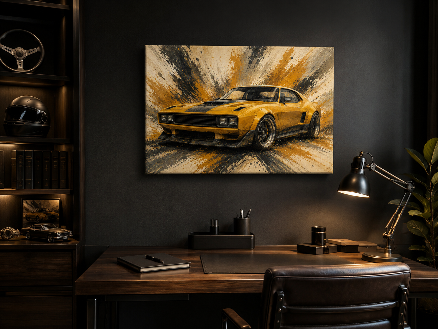 Mustard Motion automotive canvas wall art displayed in a dark modern home office