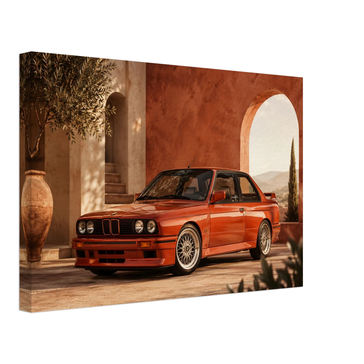 Rosso M3 classic red sports coupe canvas wall art on a terracotta architectural background