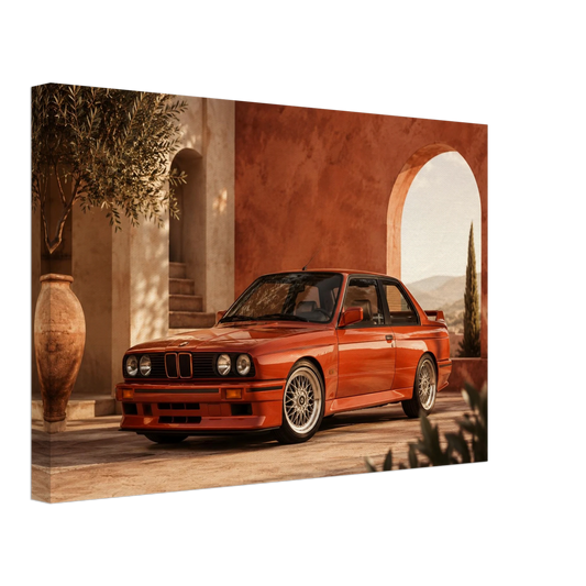 Rosso M3 classic red sports coupe canvas wall art on a terracotta architectural background