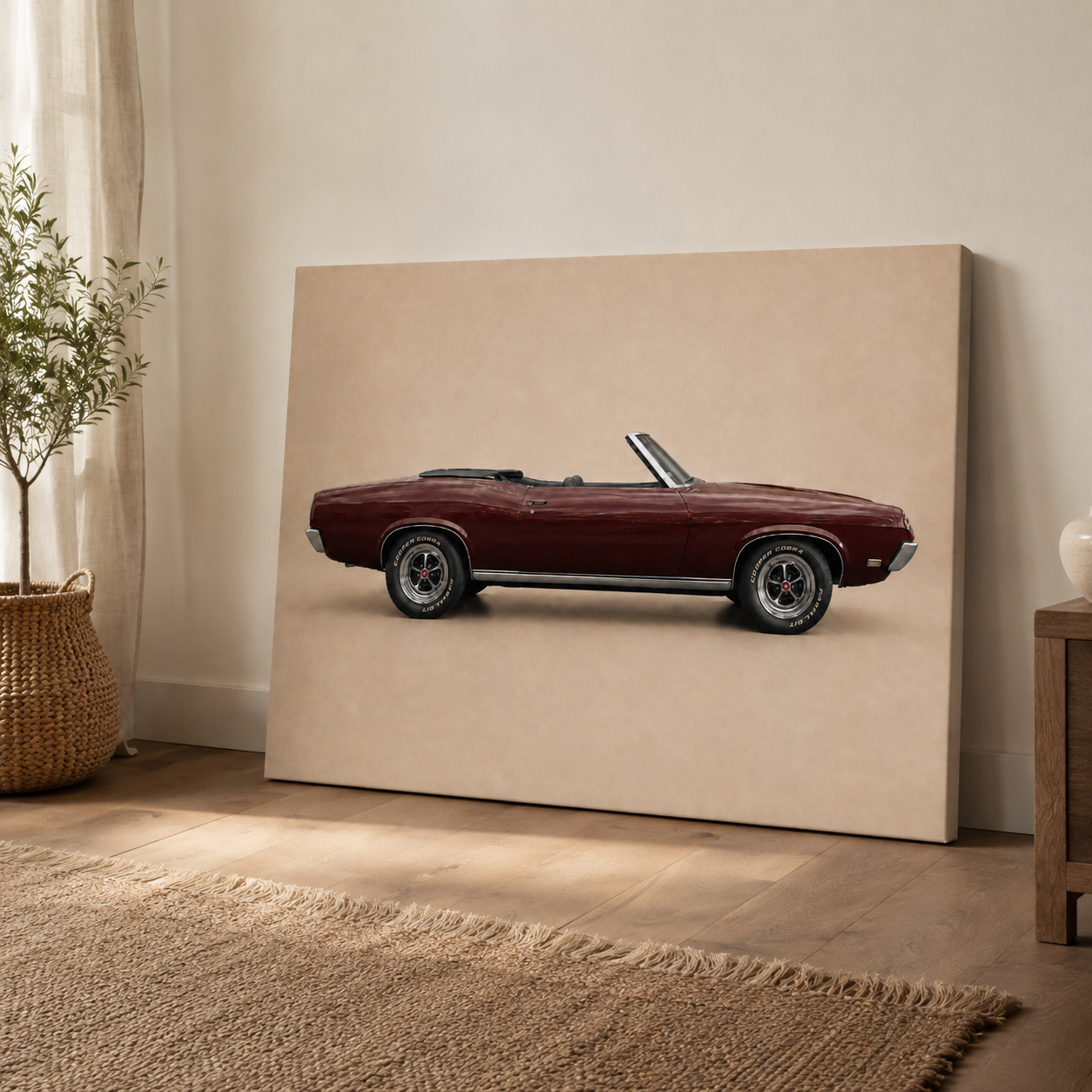 Burgundy Open Road canvas leaning against a wall in a warm neutral interior