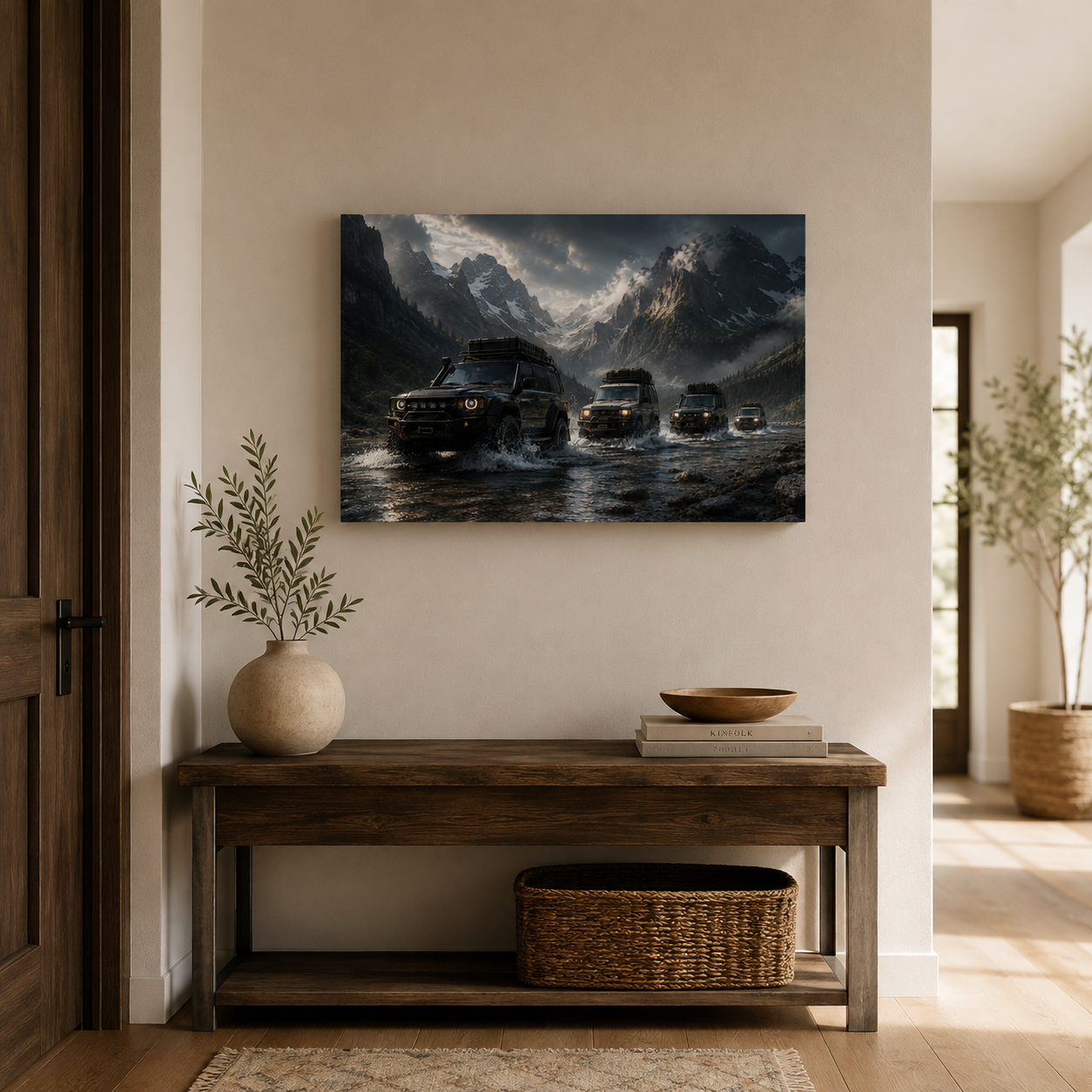 Alpine Passage 4x4 convoy canvas displayed above a rustic entryway console