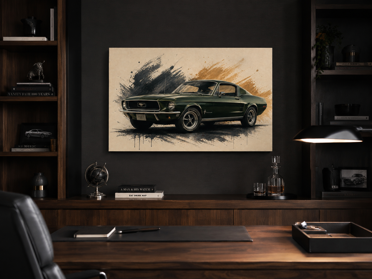 Hunter Fastback illustrated classic car canvas displayed in a dark luxury home office