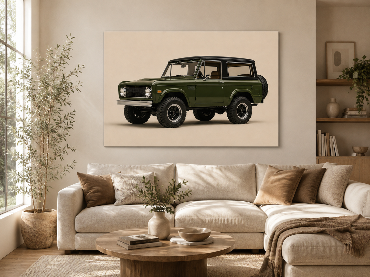 Olive Trail olive green SUV canvas displayed above a modern living room sofa