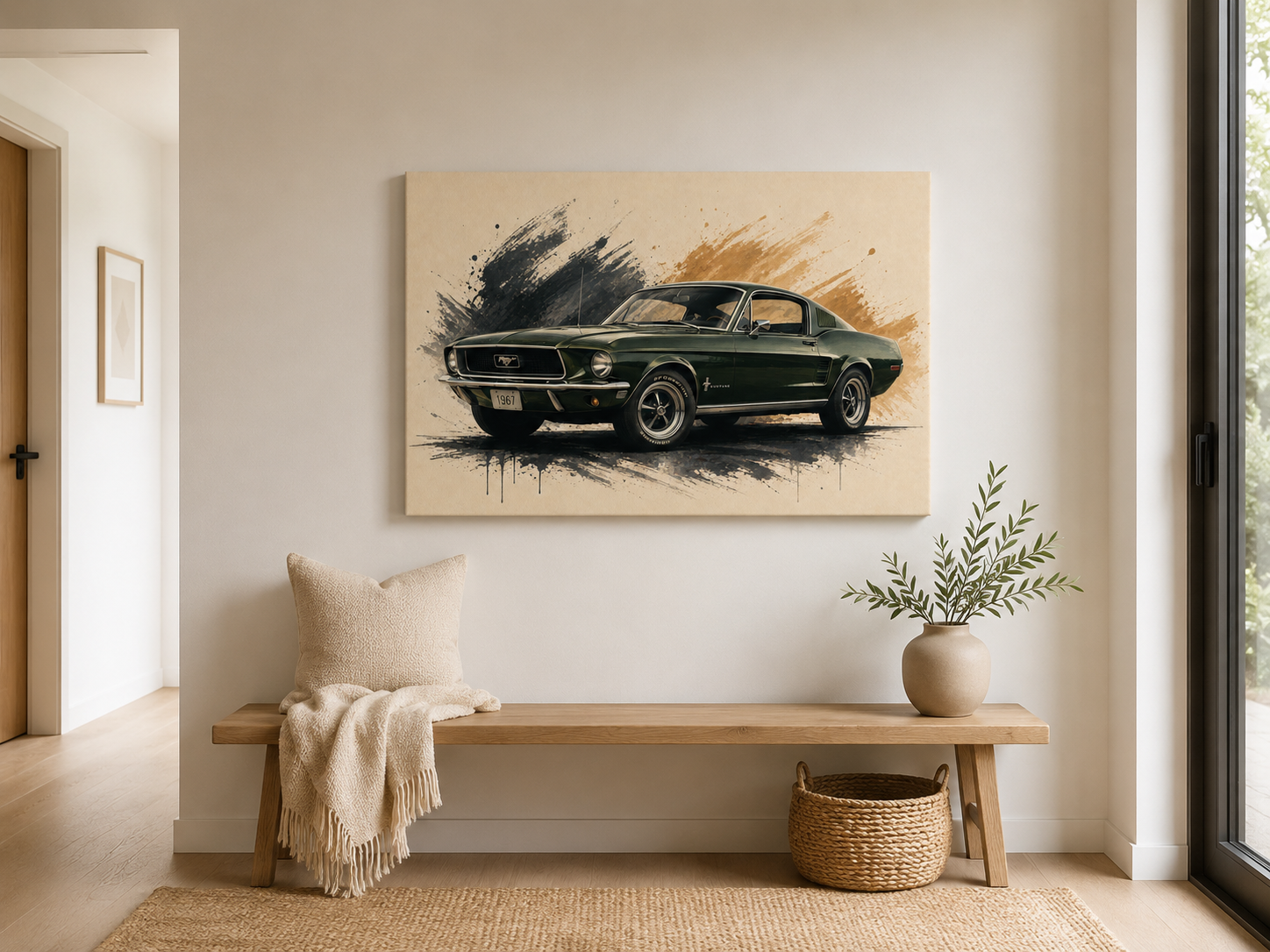 Hunter Fastback green classic car canvas above a minimalist wooden bench in a bright entry hall
