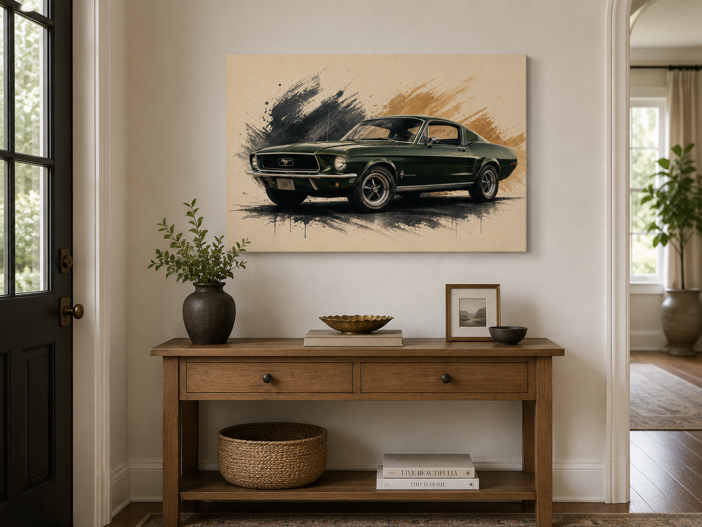 Hunter Fastback illustrated classic muscle car canvas above a wooden console in a bright entryway