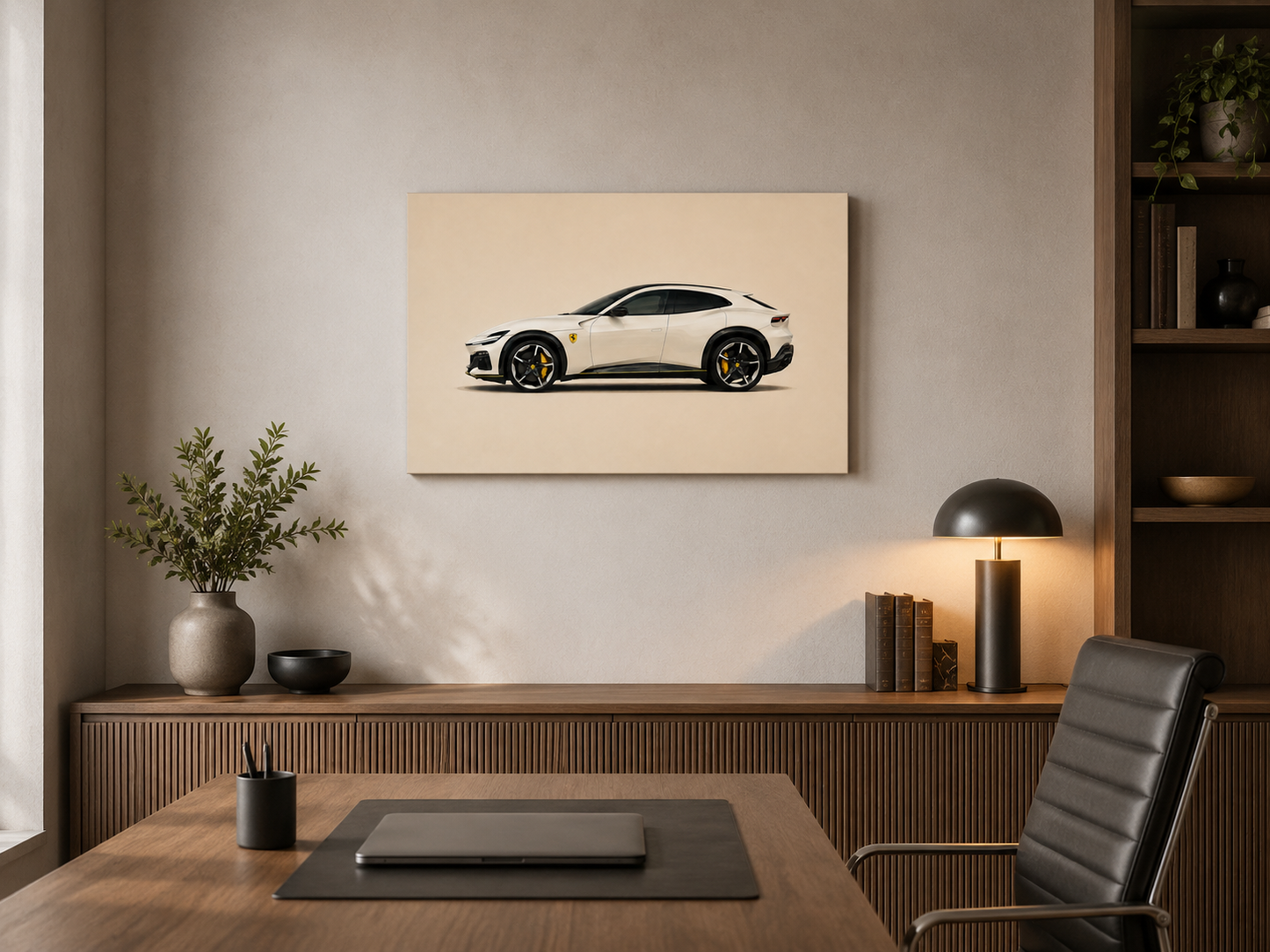 White luxury SUV canvas wall art displayed above a modern home office desk