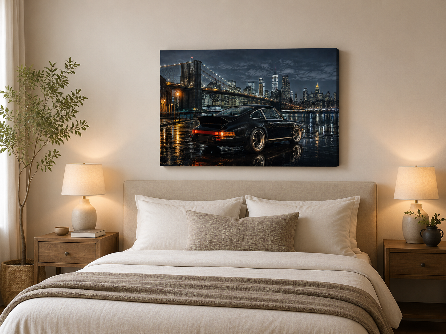 Midnight Borough New York automotive wall art displayed in a warm neutral bedroom