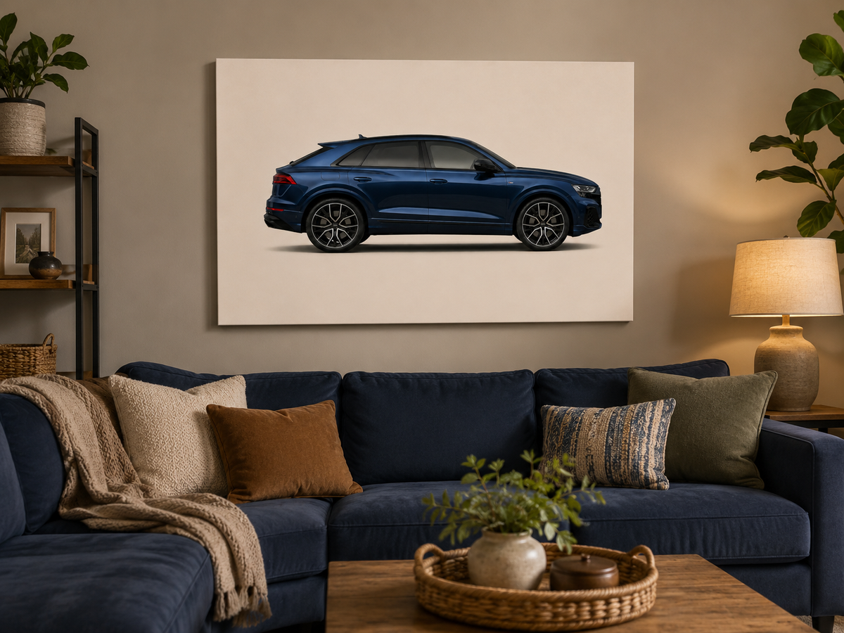 Midnight Q8 minimalist automotive canvas above a navy sofa in a contemporary living room
