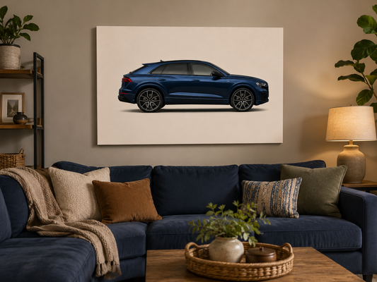 Midnight Q8 minimalist automotive canvas above a navy sofa in a contemporary living room