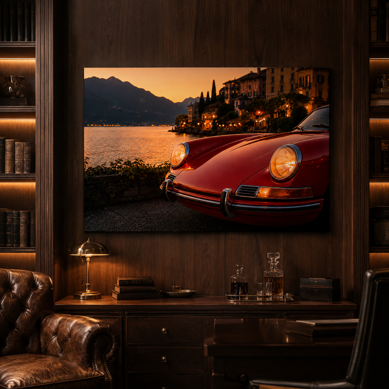 Crimson Riviera automotive wall art displayed in a dark luxury library and home office
