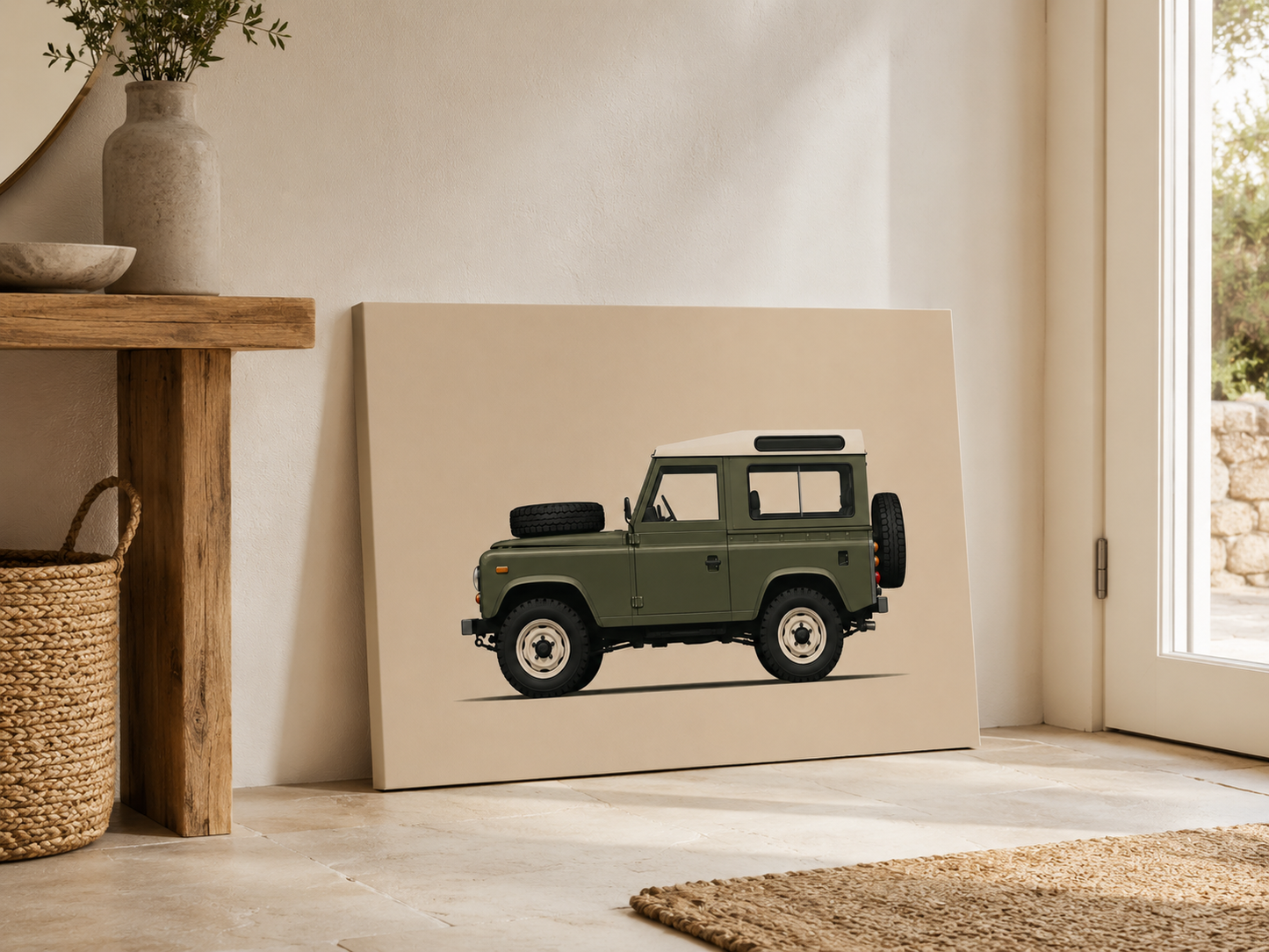 Olive Expedition minimalist olive green vintage 4x4 canvas leaning in a warm neutral entryway