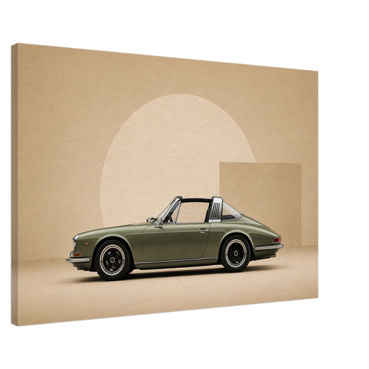 Side view of Olive Arc targa sports car canvas showing gallery wrapped depth